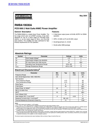 Fairchild Semiconductor RMBA19500A Power Amplifier Datasheet - cover page