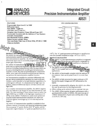Analog Devices AD521 Instrumentation Amplifier Datasheet - cover page