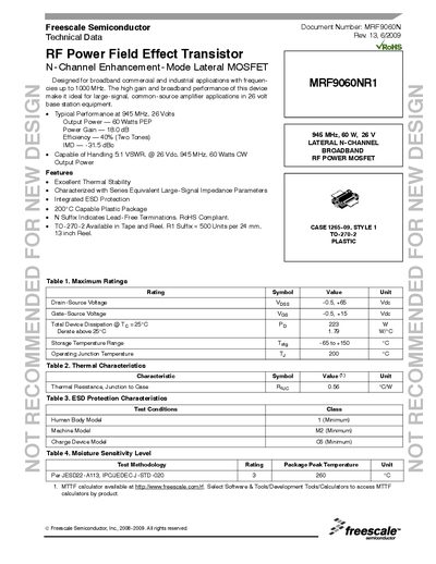 Freescale MRF9060NR1 RF Power MOSFET Datasheet - cover page