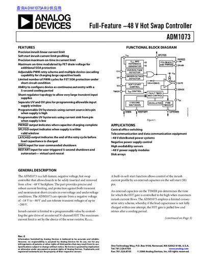 Analog Devices ADM1073 Hot Swap Controller Datasheet - cover page