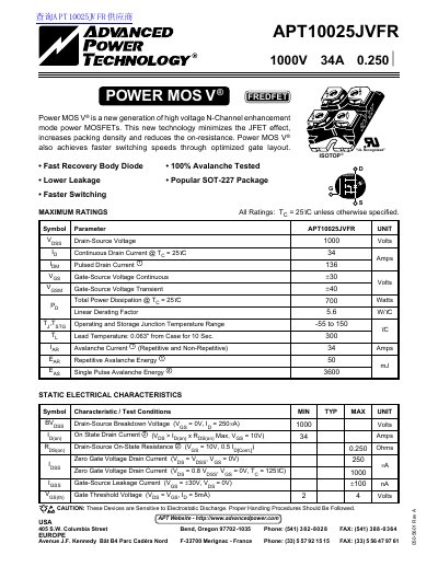 Advanced Power Technology APT10025JVFR Power MOSFET Datasheet - cover page