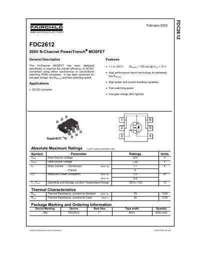 Fairchild Semiconductor FDC2612 200V N-Channel PowerTrench MOSFET Datasheet - cover page