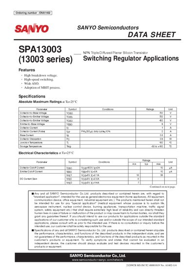 Sanyo SPA13003 NPN Transistor Datasheet - cover page