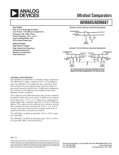 ANALOG DEVICES AD96685/AD96687: Ultra Fast ECL Comparator Data Sheet (Rev D 2002-02-01-) handbook