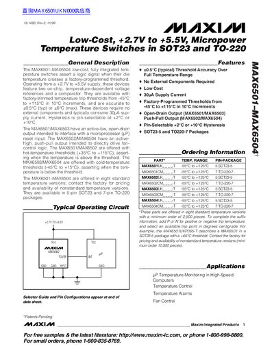 Maxim MAX6501-MAX6504 Temperature Switches Datasheet - cover page