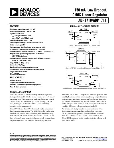 Analog Devices ADP1710/ADP1711 Low‑Dropout Linear Regulator Datasheet - cover page