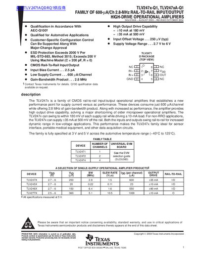 Texas Instruments TLV247x-Q1 Operational Amplifier Datasheet - cover page