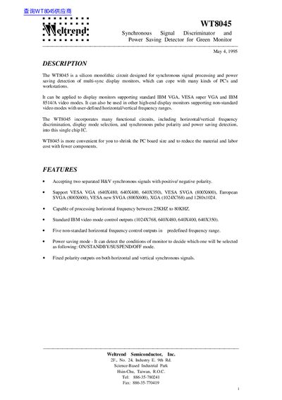 Weltrend WT8045 Synchronous Signal Discriminator Datasheet - cover page