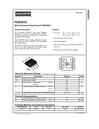 Fairchild Semiconductor FDS3512 80V N-Channel PowerTrench MOSFET Datasheet - cover page