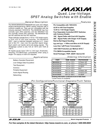 Maxim MAX4536/MAX4537/MAX4538 Quad Low-Voltage SPST Analog Switches Datasheet - cover page