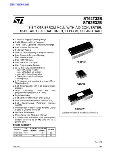 ST ST62T32B ST62E32B 8-BIT OTP/EPROM MCUs WITH A/D CONVERTER 16-BIT AUTO-RELOAD TIMER EEPROM SPI AND UART handbook - cover page