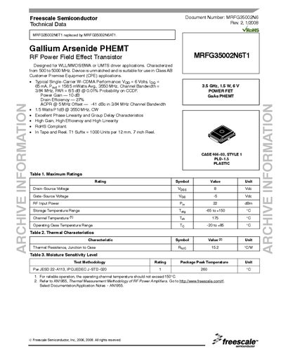 Freescale MRFG35002N6T1 Gallium Arsenide PHEMT Datasheet - cover page