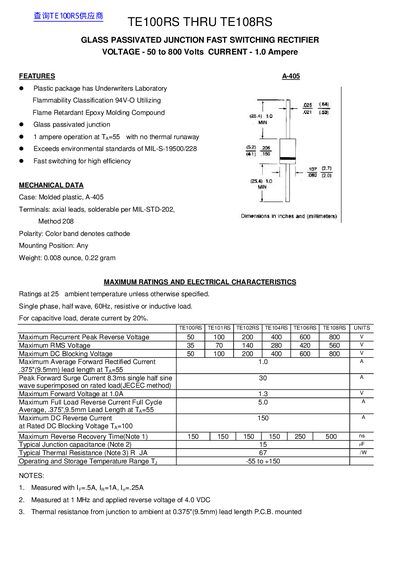 TE100RS THRU TE108RS GLASS PASSIVATED JUNCTION FAST SWITCHING RECTIFIER VOLTAGE - 50 to 800 Volts CURRENT - 1.0 Ampere - cover page