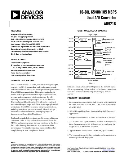 Analog Devices AD9216 10‑Bit Dual‑Channel ADC Datasheet - cover page