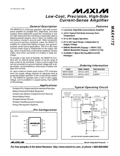 Maxim MAX4172 High‑Side Current‑Sense Amplifier Datasheet - cover page