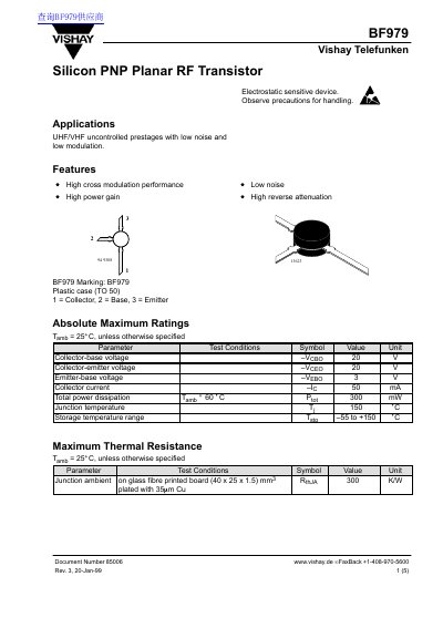 Vishay BF979 Silicon PNP Planar RF Transistor Datasheet - cover page