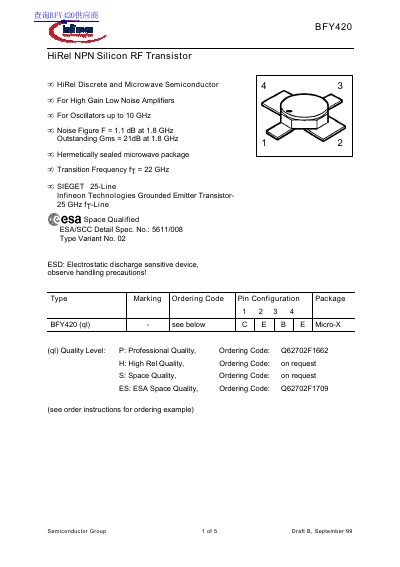 Infineon BFY420 HiRel NPN Silicon RF Transistor Datasheet - cover page