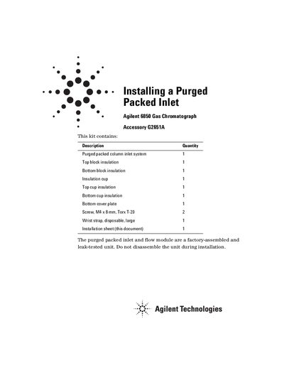 Agilent G2651A Purged Packed Inlet Installation Guide for 6850 GC - cover page