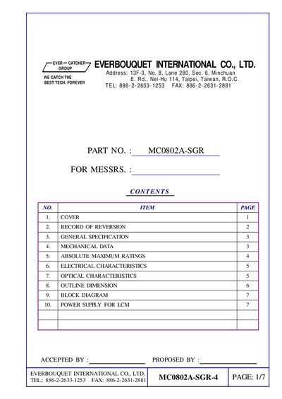 EVERBOUQUET - EVERBOUQUET INTERNATIONAL CO. LTD. TEL.: 886-2-2633-1253 FAX: 886-2-2631-2881 MC0802A-SGR-4 handbook - cover page