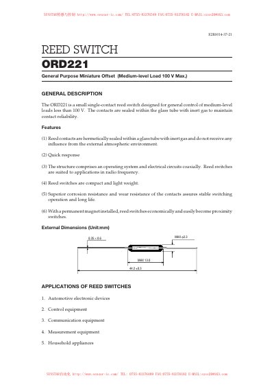 Sunstar ORD221 Reed Switch Datasheet - cover page