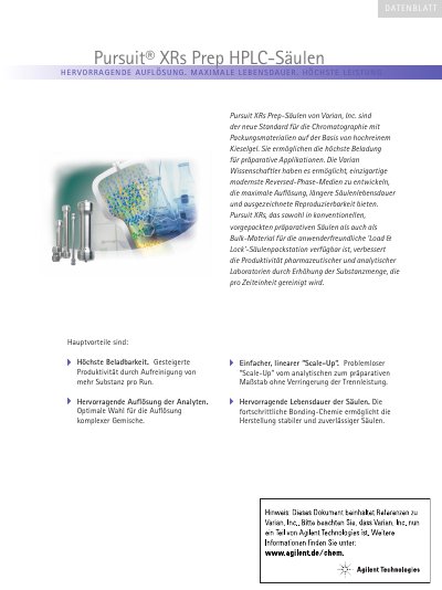 Agilent Pursuit XRs Prep HPLC Column Product Leaflet - cover page