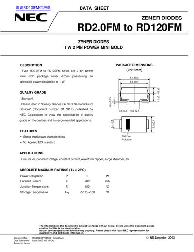 NEC RD2.0FM to RD120FM Zener Diode Datasheet - cover page