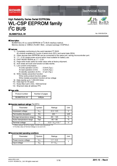 ROHM BU9897GUL-W Serial EEPROM Technical Note - cover page