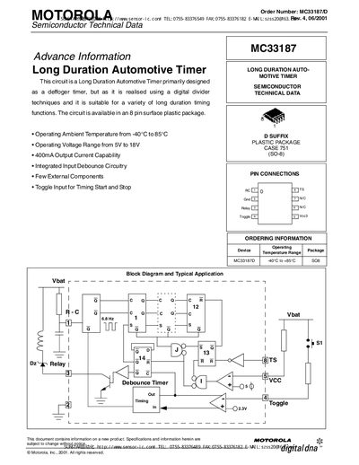 Motorola MC33187 Long Duration Automotive Timer Datasheet - cover page