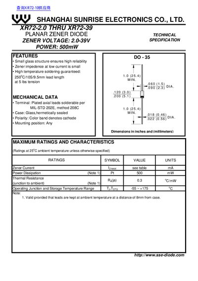 SHANGHAI SUNRISE ELECTRONICS CO. LTD. XR72-2.0 THRU XR72-39 PLANAR ZENER DIODE o R&theta; (ja) 0.3 C/mW ZENER VOLTAGE: 2.0-39V POWER: 500mW - cover page