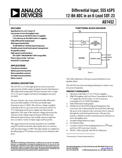 Analog Devices AD7452 12‑Bit ADC Datasheet
