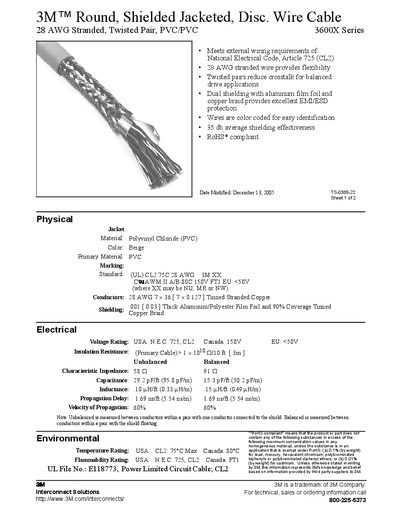 3M 3600X Series 28 AWG Stranded Twisted Pair Cable Datasheet - cover page