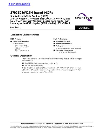 Spansion S71GS256/128N Stacked MCP Datasheet - cover page