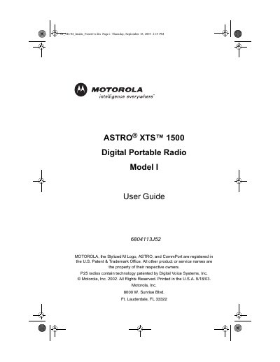 Motorola ASTRO XTS 1500 Model I User Guide - cover page
