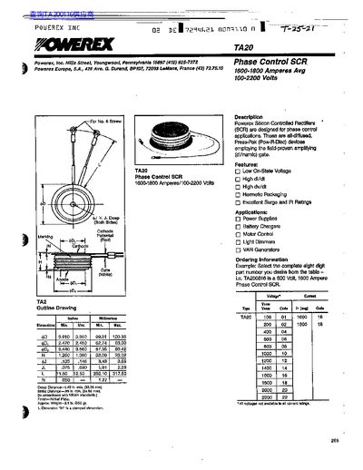Powerex TA20 Phase Control SCR Datasheet - cover page