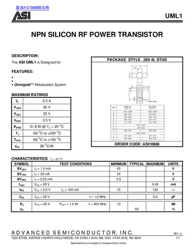 ASI UML1 NPN Silicon RF Power Transistor Datasheet - cover page