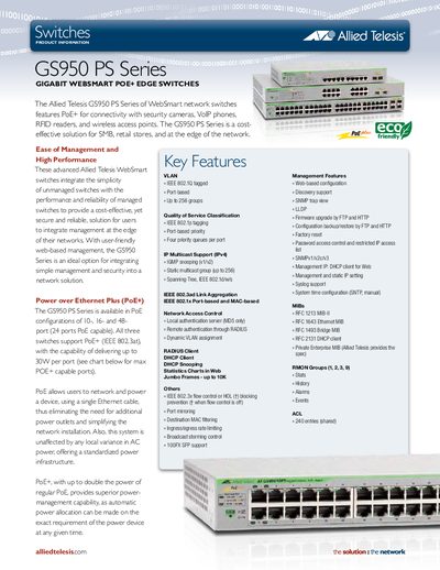 Allied Telesis GS950 PS Series Gigabit WebSmart PoE+ Edge Switches Product Information - cover page