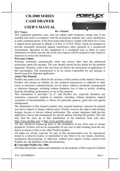 Posiflex CR-2000 Series Cash Drawer User's Manual - cover page