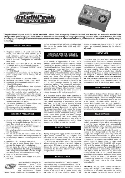 DuraTrax IntelliPeak Deluxe Pulse Charger User Manual - cover page