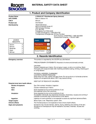 LYSOL IC™ Disinfectant Spray Material Safety Data Sheet - cover page
