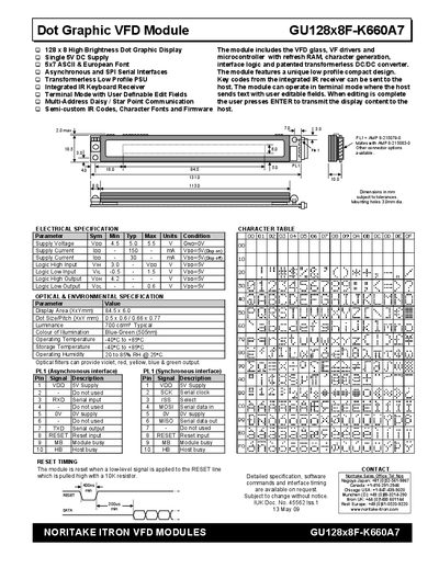 Noritake Itron GU128x8F-K660A7 Dot Graphic VFD Module Datasheet - cover page