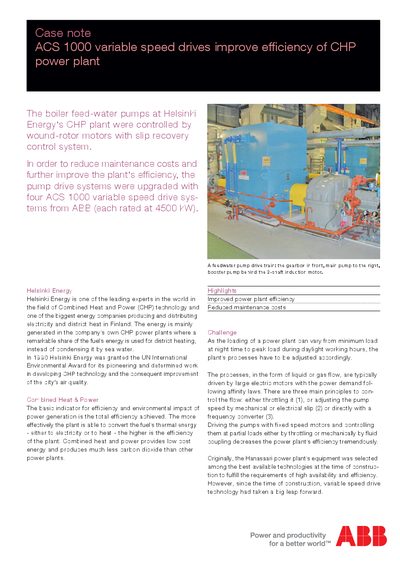 ABB ACS 1000 Variable Speed Drive Case Note – Improving CHP Plant Efficiency - cover page
