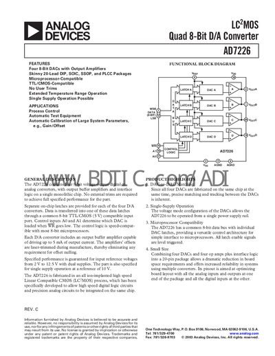 Analog Devices AD7226 Quad 8‑Bit DAC Datasheet - cover page