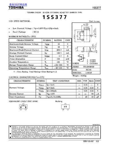 Toshiba 1SS377 Silicon Epitaxial Schottky Barrier Diode Datasheet - cover page