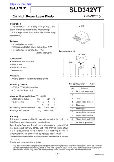 Sony SLD342YT 2W High Power Laser Diode Handbook - cover page