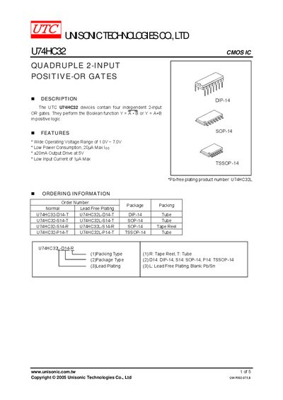 Unisonic U74HC32 CMOS IC Datasheet - cover page