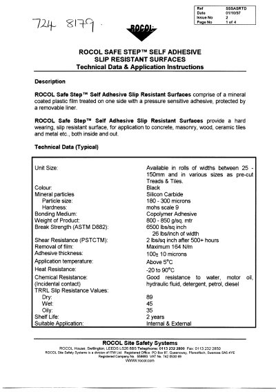 Rocol Safe Step Self Adhesive Slip Resistant Surfaces Technical Data & Application Instructions - cover page