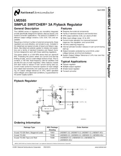 National Semiconductor LM2585 Simple Switcher 3A Flyback Regulator Datasheet