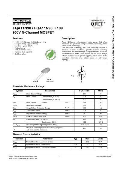 FAIRCHILD FQA11N90 FQA11N90_F109 900V N-Channel MOSFET Manual - cover page