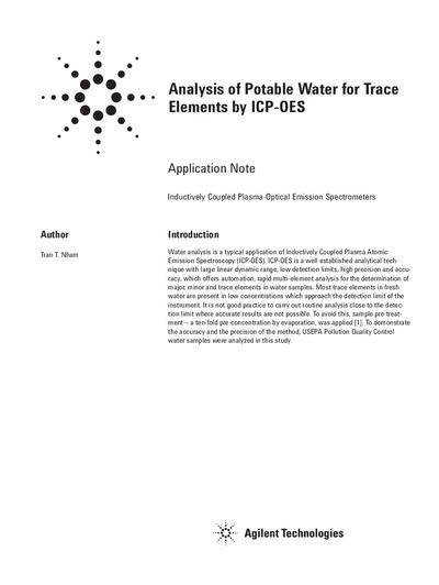 Agilent Liberty Series ICP-OES Application Note for Potable Water Analysis - cover page