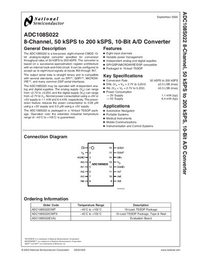 NATIONAL SEMICONDUCTOR - ADC108S022 8-Channel 50 kSPS to 200 kSPS 10-Bit A/D Converter General Description The ADC108S022 i - cover page